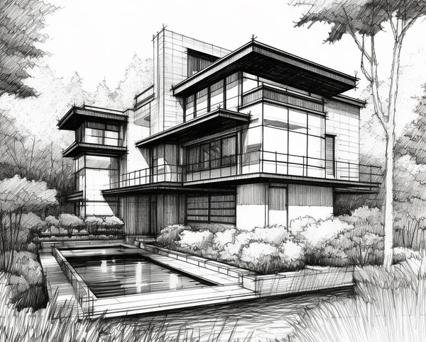 Desenho Ilustração Uma Casa Estilo Moderno Que Tem Uma Piscina — Fotografia de Stock