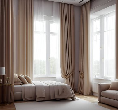 Lüks bir yatak odası görüntüsü. İlginç bir dekorasyonu ve harika bir girişi var. Büyük boy bir yatakla donatılmış. Sabah güneş ışığı büyük pencerelerden odaya giriyor..