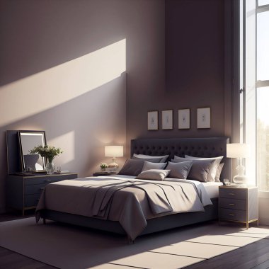 Lüks bir yatak odası görüntüsü. İlginç bir dekorasyonu ve harika bir girişi var. Büyük boy bir yatakla donatılmış. Sabah güneş ışığı büyük pencerelerden odaya giriyor..