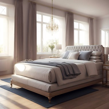 Lüks bir yatak odası görüntüsü. İlginç bir dekorasyonu ve harika bir girişi var. Büyük boy bir yatakla donatılmış. Sabah güneş ışığı büyük pencerelerden odaya giriyor..