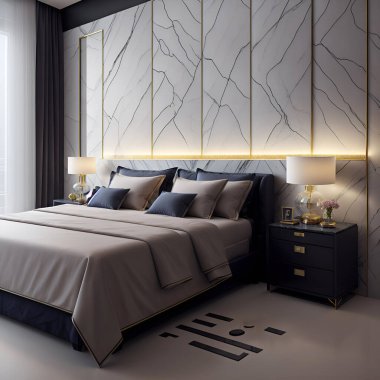 Lüks bir yatak odası görüntüsü. İlginç bir dekorasyonu ve harika bir girişi var. Büyük boy bir yatakla donatılmış. Sabah güneş ışığı büyük pencerelerden odaya giriyor..