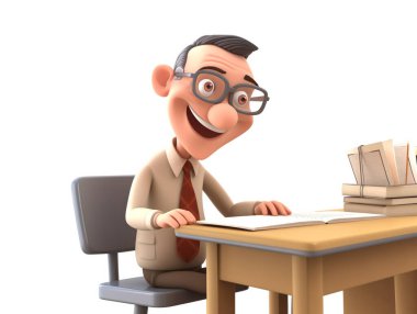 Sınıfta bir öğretmenin öğretmenlik yaptığını gösteren 3 boyutlu karikatür çizimi. Öğretmenin yüzü öğretmedeki kararlılığını gösteriyor. Beyaz arkaplanda izole.