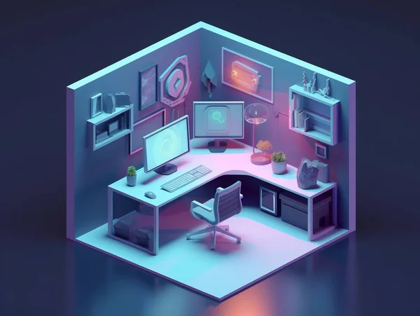 动漫风格的自由职业者工作站3D图解 在家里或家里工作 一张桌子 上面有一台电脑 墙上装饰着各种各样的装饰品 — 图库照片