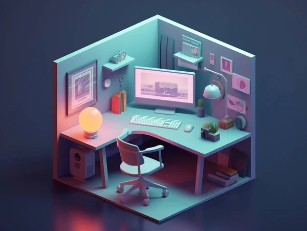 Illustration Freelancer Workstation Cartoon Style Work Home Home Office Desk — Stock Photo, Image