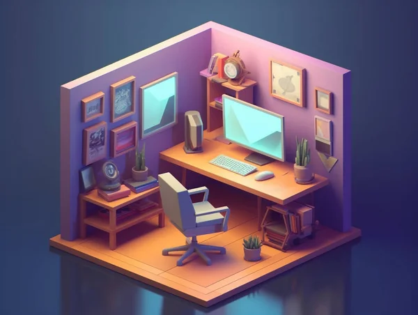 Illustration Freelancer Workstation Cartoon Style Work Home Home Office Desk — Stock Photo, Image