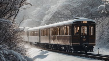 Bir retro tren gün boyunca yoğun karla kaplı bir bölgeden geçiyor. Trenin bazı kısımları da karla kaplıydı. Yol boyunca güzel bir manzara.