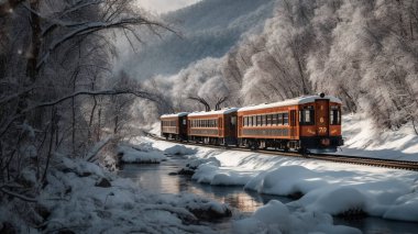 Bir retro tren gün boyunca yoğun karla kaplı bir bölgeden geçiyor. Trenin bazı kısımları da karla kaplıydı. Yol boyunca güzel bir manzara.
