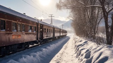Bir retro tren gün boyunca yoğun karla kaplı bir bölgeden geçiyor. Trenin bazı kısımları da karla kaplıydı. Yol boyunca güzel bir manzara.