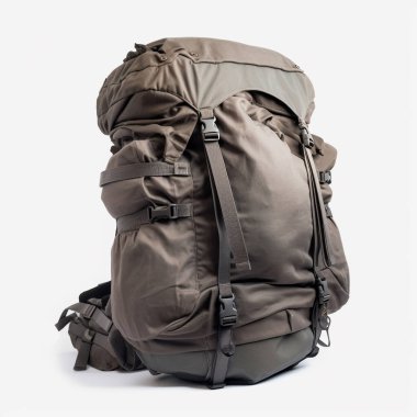 Beyaz arka planda izole edilmiş orta boy bir yürüyüş çantasının üç boyutlu çizimi. Bu tür çantalar genellikle dağcılar ve dağcılar tarafından kullanılır. Dayanıklı ve bazıları su geçirmez malzemeler kullanılıyor..