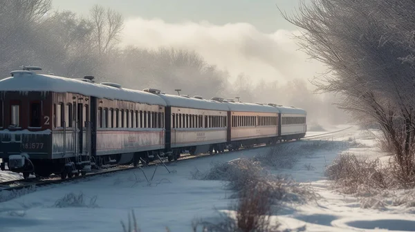 Bir Retro Tren Gün Boyunca Yoğun Karla Kaplı Bir Bölgeden — Stok fotoğraf