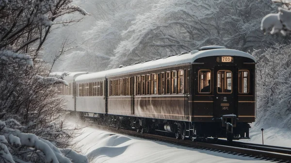 Bir Retro Tren Gün Boyunca Yoğun Karla Kaplı Bir Bölgeden — Stok fotoğraf
