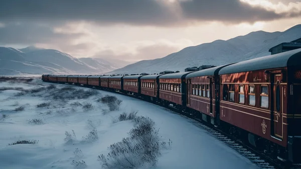 A retro train is traversing an area covered in heavy snow during the day. Some parts of the train were also covered in snow. Beautiful scenery along the way.
