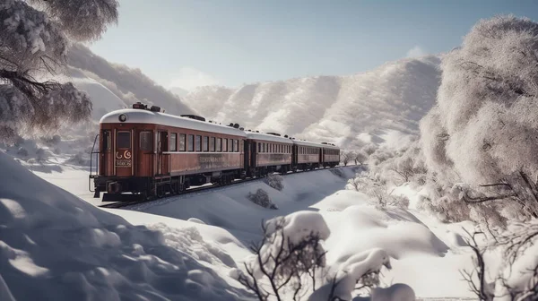 A retro train is traversing an area covered in heavy snow during the day. Some parts of the train were also covered in snow. Beautiful scenery along the way.