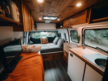 Bir karavanın iç tasviri. Temel mobilyalar ve temel ihtiyaçlar sağlanır. Mobilya, hafif ve inşa etmesi kolay olduğu için ahşap kullanılarak inşa edilmiştir. Pencereler doğal ışıklandırma için sağlanır.