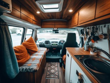 Bir karavanın iç tasviri. Temel mobilyalar ve temel ihtiyaçlar sağlanır. Mobilya, hafif ve inşa etmesi kolay olduğu için ahşap kullanılarak inşa edilmiştir. Pencereler doğal ışıklandırma için sağlanır.