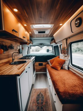 Bir karavanın iç tasviri. Temel mobilyalar ve temel ihtiyaçlar sağlanır. Mobilya, hafif ve inşa etmesi kolay olduğu için ahşap kullanılarak inşa edilmiştir. Pencereler doğal ışıklandırma için sağlanır.