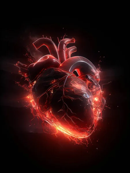 人的心脏显示再生的图形3D图像 电力和电力的火花 以及明亮的霓虹灯般的光芒从心脏里发出 心脏似乎恢复了活力 渴望开车 — 图库照片