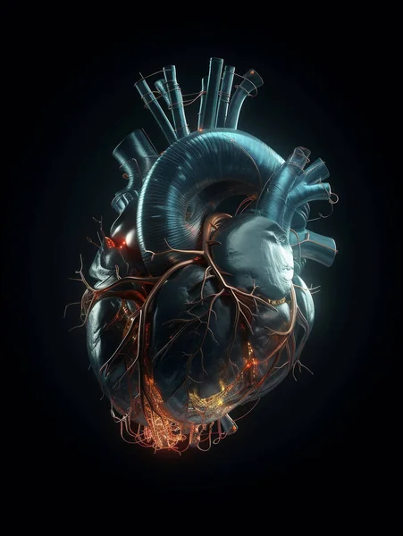 再生を示す人間の心臓のグラフィック3D画像 電力と電気の火花 明るいネオンのような光の中心部からバースト 心臓は再エネルギー化され 運転したいと熱望しているようです — ストック写真