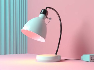 Masaya konmuş üç boyutlu bir lamba çizimi. Pastel renkli duvar arkaplanı.