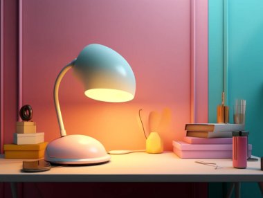 Masaya konmuş üç boyutlu bir lamba çizimi. Pastel renkli duvar arkaplanı.
