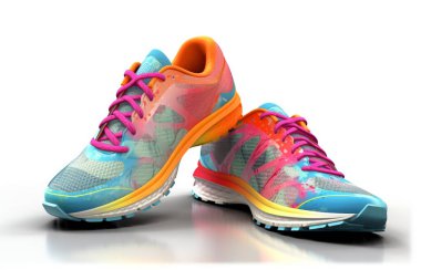 Beyaz arka planı olan bir çift koşu ayakkabısının üç boyutlu çizimi. Koşu ayakkabıları güvenli ve rahat koşmak için atletik ayakkabılardır, ayaklara destek ve yastık sağlar..