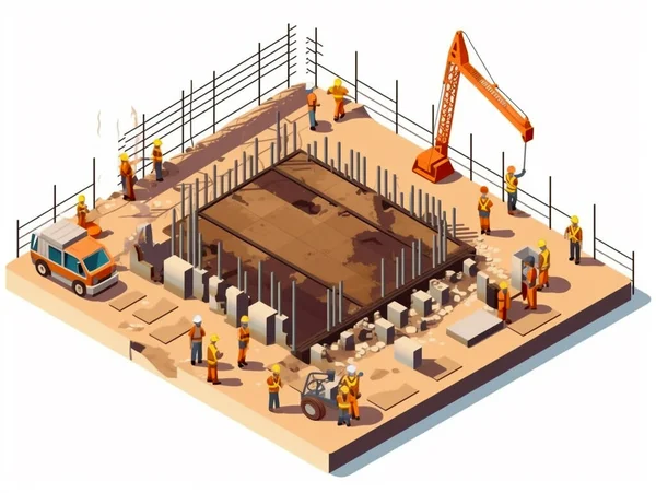 Illustration Construction Site Daytime Isometric View Cartoon Style White Background — Stock Photo, Image