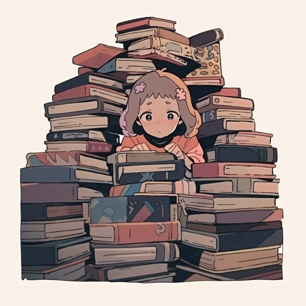 Egy Rajzfilm Illusztráció Egy Gyermek Egy Nagy Halom Könyvet Úgy — Stock Fotó