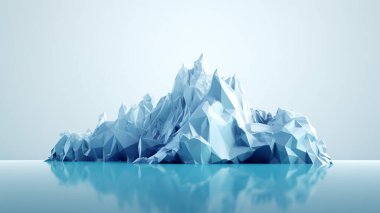 Sakin bir denizde yüzen soyut bir buzdağı, çoğunlukla deniz altı, arka planda bulutsuz bir gökyüzü.