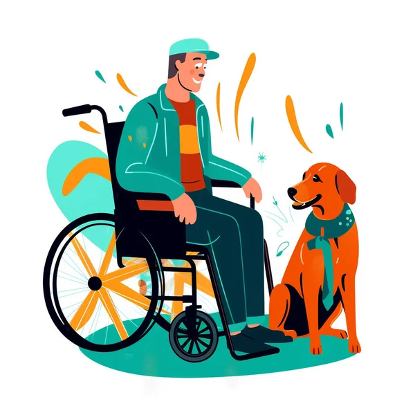 A man in a wheelchair, smiling and with his service dog by his side. Shows the closeness and relationship between humans and dogs. Graphic images in vibrant colors.