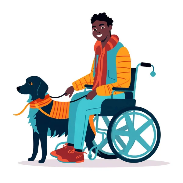 A man in a wheelchair, smiling and with his service dog by his side. Shows the closeness and relationship between humans and dogs. Graphic images in vibrant colors.