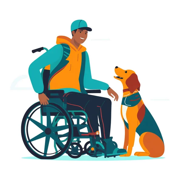 一个坐在轮椅上笑着和他的服务狗在他身边的男人 显示了人类与狗之间的密切关系和关系 生动色彩的图形图像 — 图库照片
