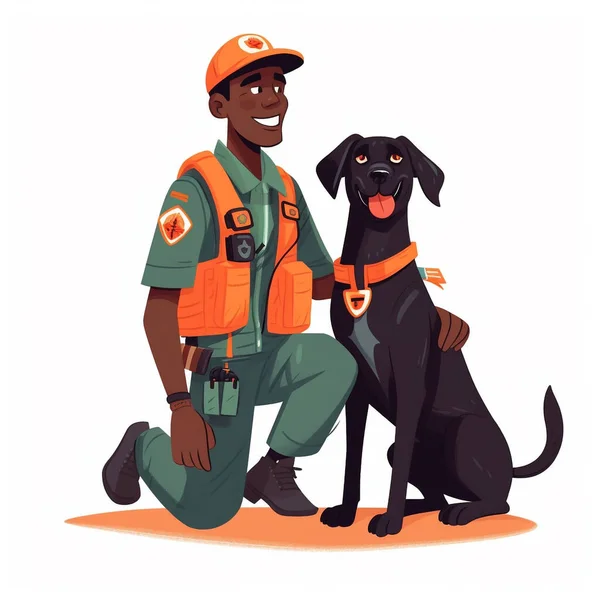 A rescue personnel wearing uniform, smiling, with his service dog by his side in vibrant colors. The image is isolated on a white background. Showing the relationship between humans and animals.