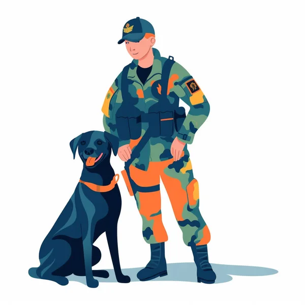 A rescue personnel wearing uniform, smiling, with his service dog by his side in vibrant colors. The image is isolated on a white background. Showing the relationship between humans and animals.