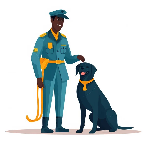 Personal Rescate Vistiendo Uniforme Sonriendo Con Perro Servicio Lado Colores — Foto de Stock