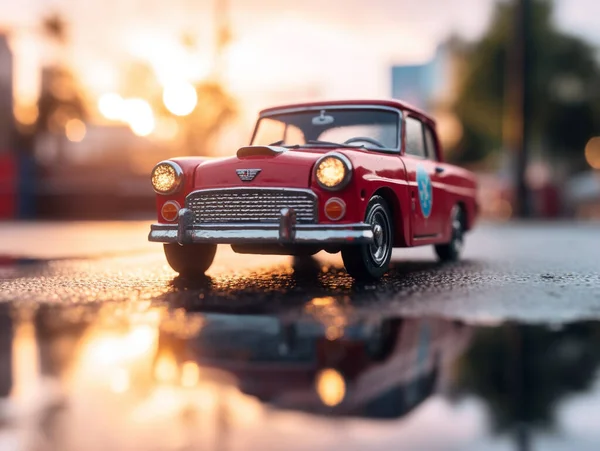 Miniature Classic Car Model Backdrop Evening Sun Bokeh Car Model — Stock Photo, Image