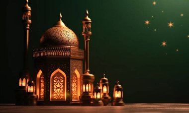 Geleneksel Arap fenerlerinin, arka plandaki İslami geometrik desenlere ve bayram gecesinin sakin atmosferine karşı ışıklandırılmış bir örneği. Hafifçe çevreyi aydınlatır..