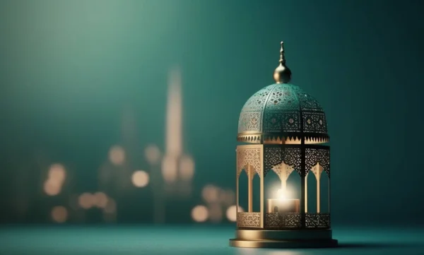 イスラムの幾何学模様やEid夜の静かな雰囲気を背景に点灯されている伝統的なアラビアランタンのイラスト 周囲をかすかに照らす ストック写真