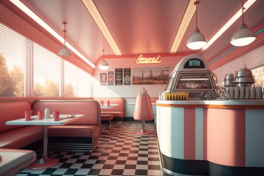 50 'lerin retro restoranının iç tasviri. Ziyaretçi yok. Restoranın içi pembe ve turkuaz renk teması kullanır..