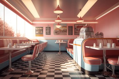 50 'lerin retro restoranının iç tasviri. Ziyaretçi yok. Restoranın içi pembe ve turkuaz renk teması kullanır..