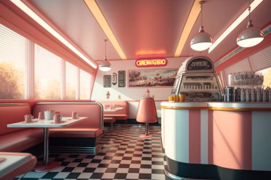 50 'lerin retro restoranının iç tasviri. Ziyaretçi yok. Restoranın içi pembe ve turkuaz renk teması kullanır..