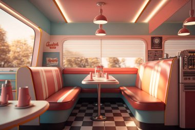 50 'lerin retro restoranının iç tasviri. Ziyaretçi yok. Restoranın içi pembe ve turkuaz renk teması kullanır..