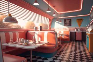 50 'lerin retro restoranının iç tasviri. Ziyaretçi yok. Restoranın içi pembe ve turkuaz renk teması kullanır..