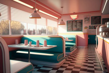 50 'lerin retro restoranının iç tasviri. Ziyaretçi yok. Restoranın içi pembe ve turkuaz renk teması kullanır..