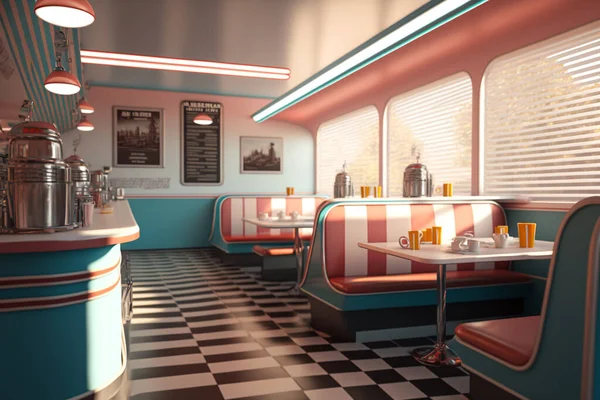 Illustration of the interior of a retro 50s restaurant. No visitors. The interior of the restaurant uses a pink and turquoise tone color theme.