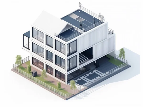 stock image Illustration of a huge luxury house built from recycled shipping containers. Well organized to maximize space. Some of the walls have huge openings that show the house's interior.