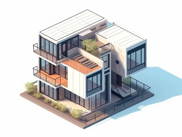 Illustration of a huge luxury house built from recycled shipping containers. Well organized to maximize space. Some of the walls have huge openings that show the house\'s interior.