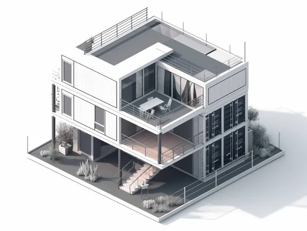 Illustration of a huge luxury house built from recycled shipping containers. Well organized to maximize space. Some of the walls have huge openings that show the house's interior.