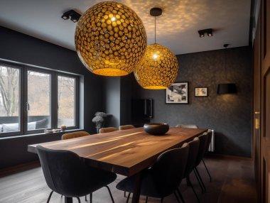 Modern dekorasyon ve tasarımı olan dairede yemek odası. Kolye ışığı ve güzel duvar süslemeleri. Orta büyüklükteki boşluk ve iç aydınlatmaya büyük pencereler yardımcı olur.