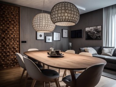 Modern dekorasyon ve tasarımı olan dairede yemek odası. Kolye ışığı ve güzel duvar süslemeleri. Orta büyüklükteki boşluk ve iç aydınlatmaya büyük pencereler yardımcı olur.