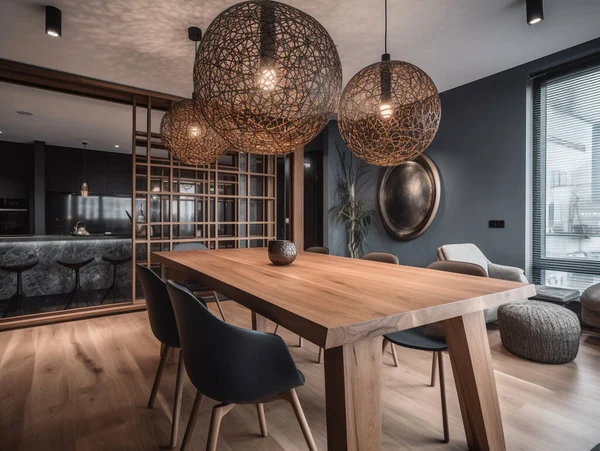 Ebédlő Lakásban Modern Dekorációval Dizájnnal Függő Fény Gyönyörű Jellegét Meghatározza — Stock Fotó